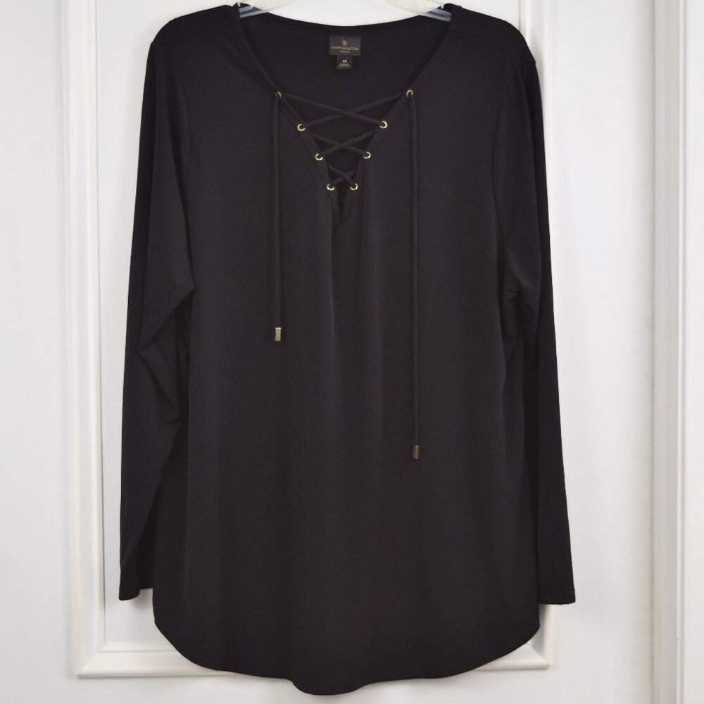 Worthington Blouse Women 1X Plus Size Black Boho Pullover Top Business Casual